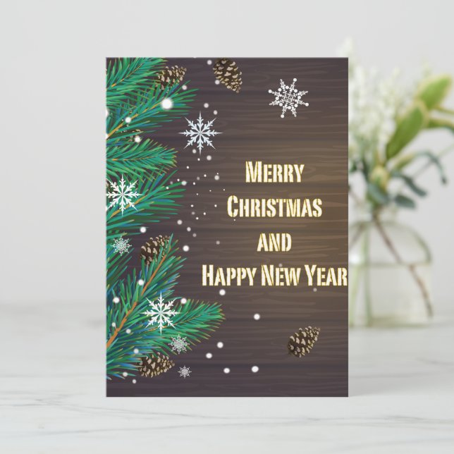 Saludo de Feliz Navidad en fondo de madera  (Anverso de pie)