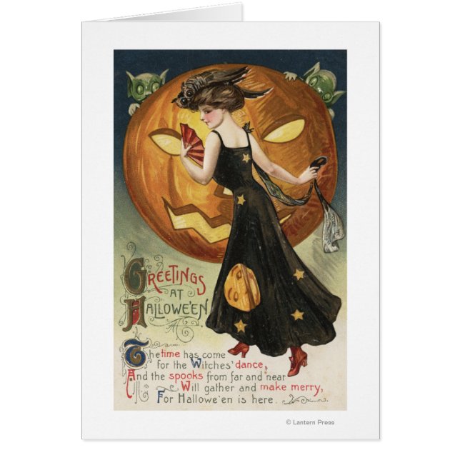 Saludo de Halloween Dancing Bruja y Calabaza (Frente)