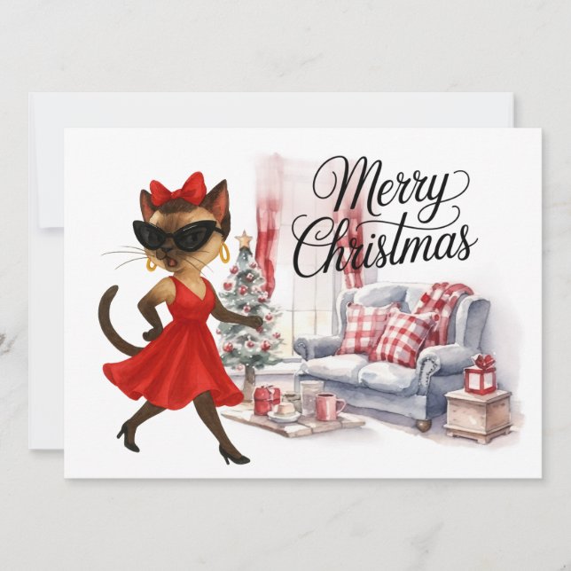 Saludo de Navidad de gato siamés desde su casa (Anverso)