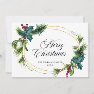 Saludo de Navidad Elegante Pino Abeto Acebo Baya
