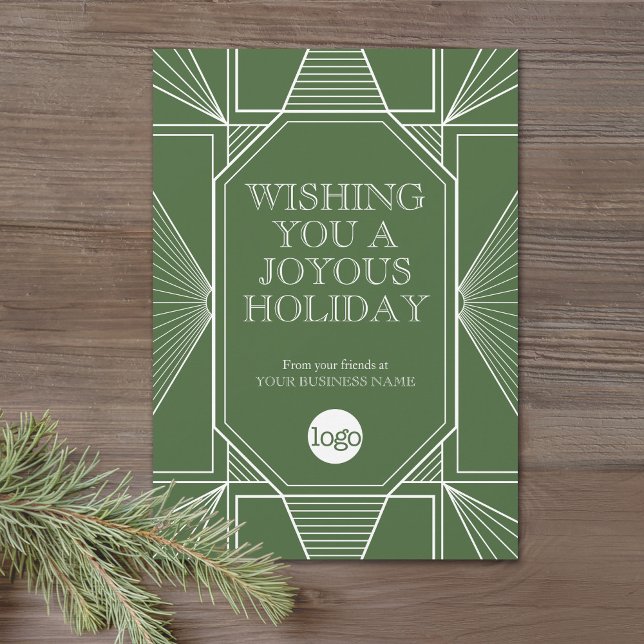 Saludo de Navidad empresarial Art Deco en verde sa (Office Holiday Card - Art Deco Design with your logo)