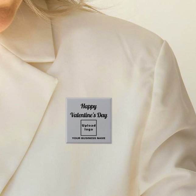 Saludo de San Valentín de negocios en botón de Pla (Business name and logo with Happy Valentine's Day greeting on gray square button.)