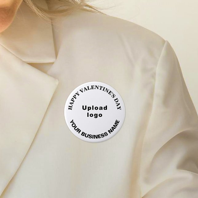 Saludo de San Valentín de negocios en botón de red (Business name and logo with Happy Valentine's Day greeting on white round button.)