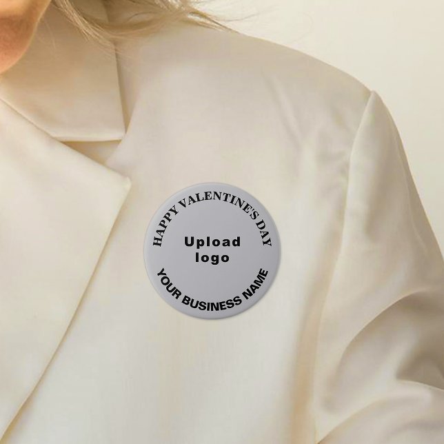 Saludo de San Valentín de negocios en botón de red (Business name and logo with Happy Valentine's Day greeting on gray round button.)