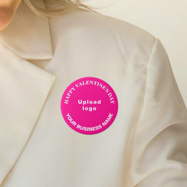 Saludo de San Valentín de negocios en botón redond (Business name and logo with Happy Valentine's Day greeting on pink round button.)