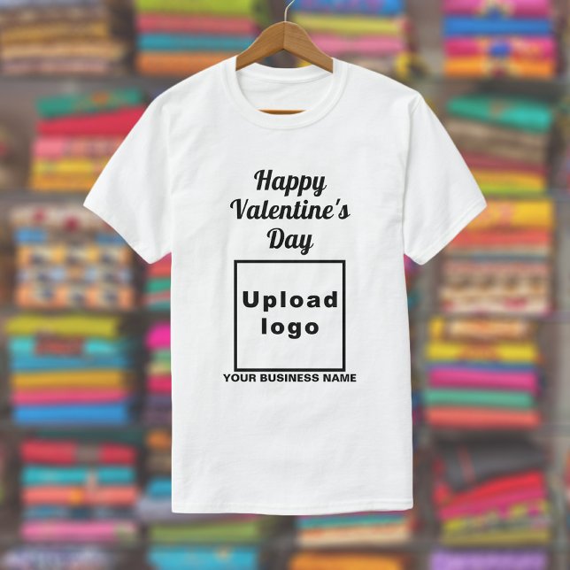 Saludo de San Valentín de negocios en camiseta bla (White t-shirt with your business name and logo and with Happy Valentine's Day greeting.)