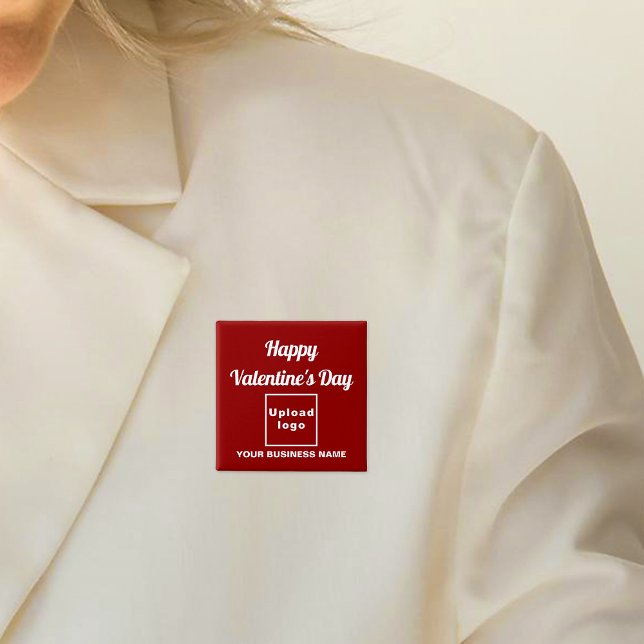 Saludo de San Valentín de negocios en el botón de  (Business name and logo with Happy Valentine's Day greeting on red square button.)