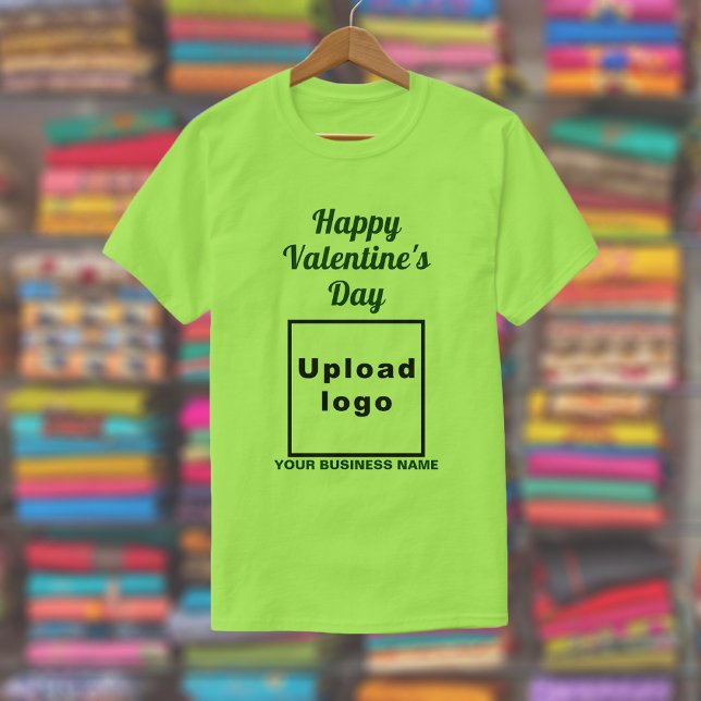 Saludo de San Valentín de negocios en la camiseta  (Lime green t-shirt with your business name and logo and with Happy Valentine's Day greeting.)