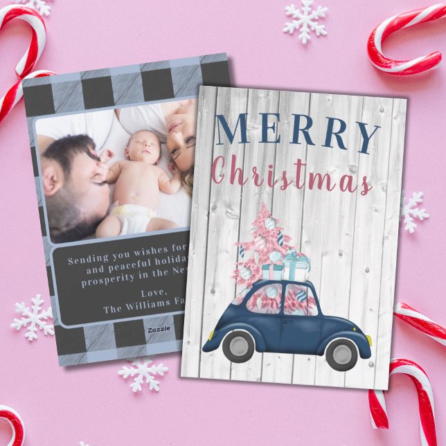 Saludo festivo de árbol de Navidad retro y rosa (CUTE RETRO VINTAGE CAR PINK CHRISTMAS TREE CHRISTMAS GREETING CARD
)