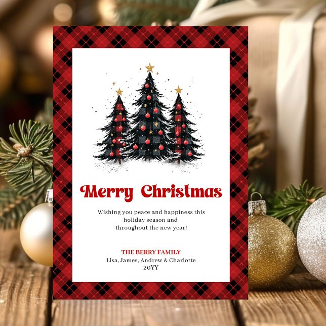Saludo moderno de Navidad con cuadros rojos y negr (Modern Red Black Plaid Christmas Greeting Holiday Card)