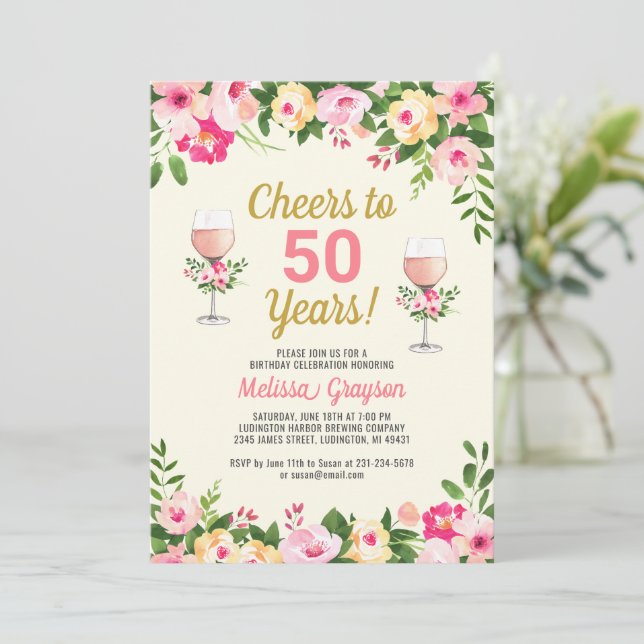 Saludos 50.ª invitación a cumpleaños Floral femeni (Anverso de pie)