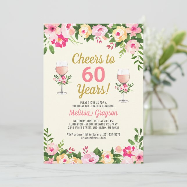 Saludos 60.ª invitación a cumpleaños Floral femeni (Anverso de pie)