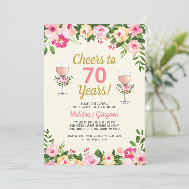 Saludos 70.ª invitación a cumpleaños Floral femeni (Anverso de pie)