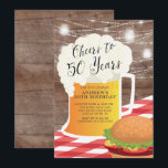 Saludos a 50 años 50 invitaciones por cumpleaños<br><div class="desc">Saludos a la barbacoa de 50 años de cumpleaños con una taza de cerveza y una hamburguesa ambientada en un fondo rústico de madera con frascos de cartón colgados</div>