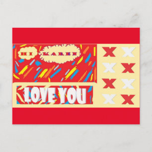 Saludos a Karen con tarjeta roja y púrpura