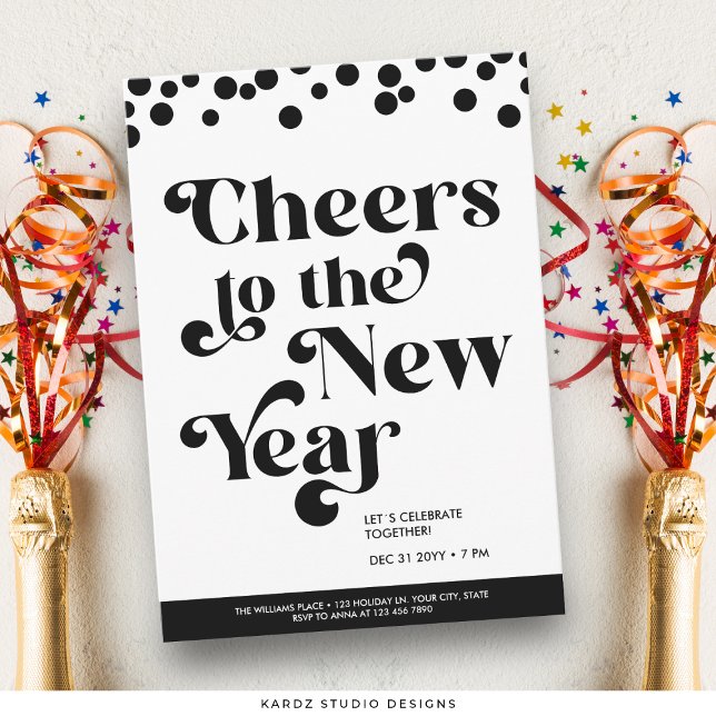 Saludos a la invitación a la fiesta de Año Nuevo (Invite shown in 5 x 7 inches, choose size, paper and corner style.)