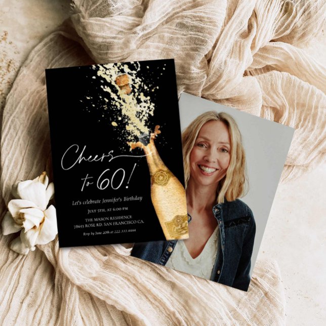 Saludos a la invitación a la foto de 60 cumpleaños (60th Birthday Party Invitation Champagne Themed)