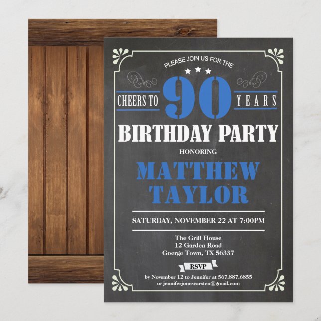 Saludos a la invitación de 90 años de cumpleaños.  (Anverso / Reverso)