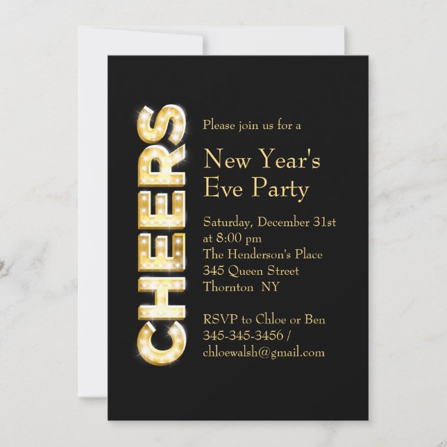 Saludos a la invitación de Año Nuevo en negro (Anverso)