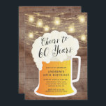 Saludos a la invitación de cumpleaños de 60 años<br><div class="desc">Saludos a la invitación de cumpleaños de 60 años que incluye una taza de cerveza ambientada en un fondo rústico de madera con frascos de carnicero colgantes</div>