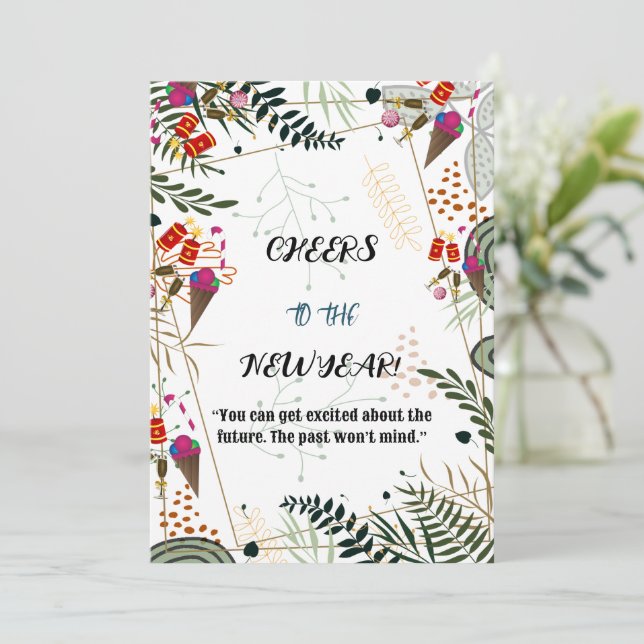 Saludos a la tarjeta botánica verde de Año Nuevo (Anverso de pie)