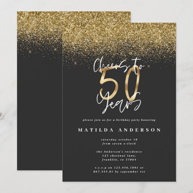 Saludos a los 50 años purpurina negro y oro modern (Anverso / Reverso)