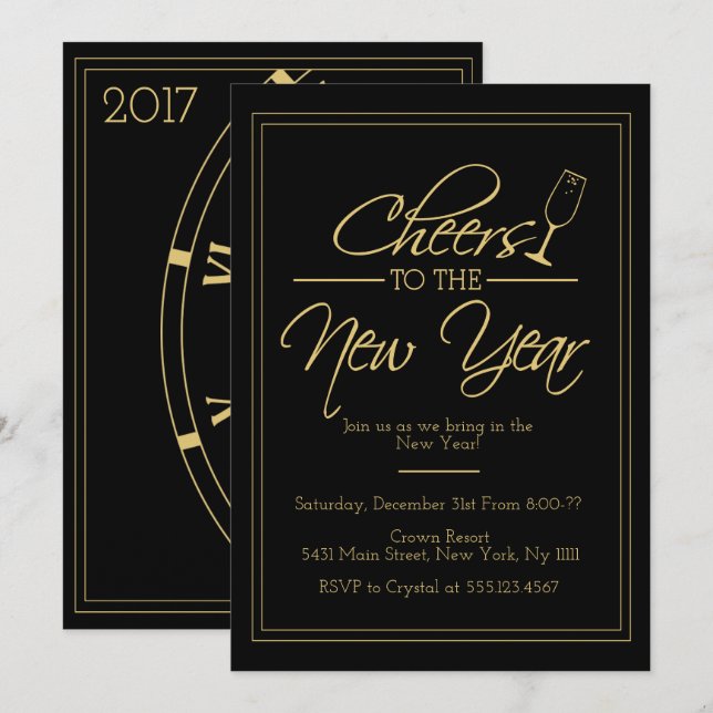 Saludos al Año Nuevo, elegante invitación al oro (Anverso / Reverso)