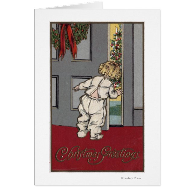 Saludos de los navidadesNiño buscando a Santa Clau (Frente)