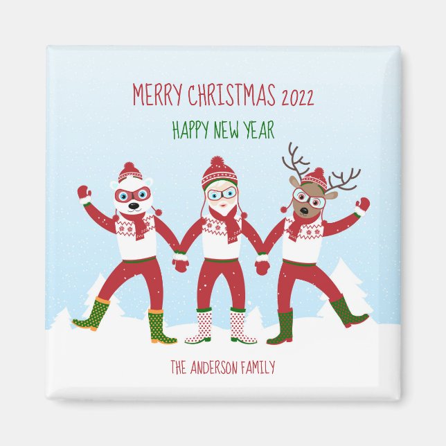 Saludos de Navidad con Santa y el imán de los amig (Frente)