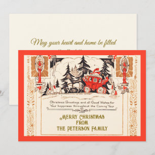Saludos de Navidad en Carruaje de Oro Rojo Vintage