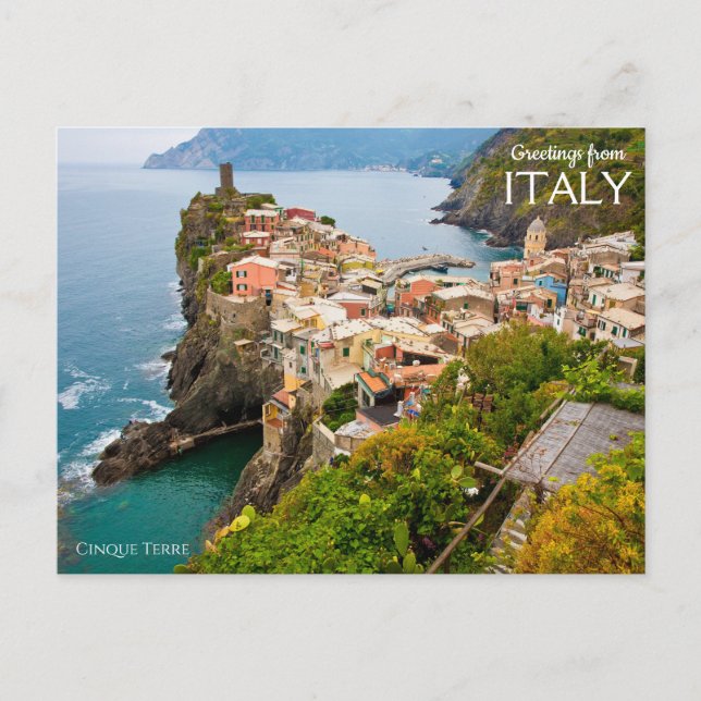 Saludos desde postal de Cinque Terre Italia (Anverso)