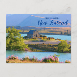 Saludos desde postal panorámica de Nueva Zelanda