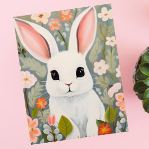 Saludos en el jardín: postal floral de conejo blan