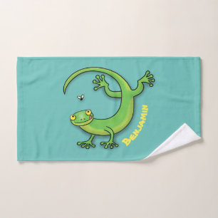 Saludos felices de gecko verde lindo con personali