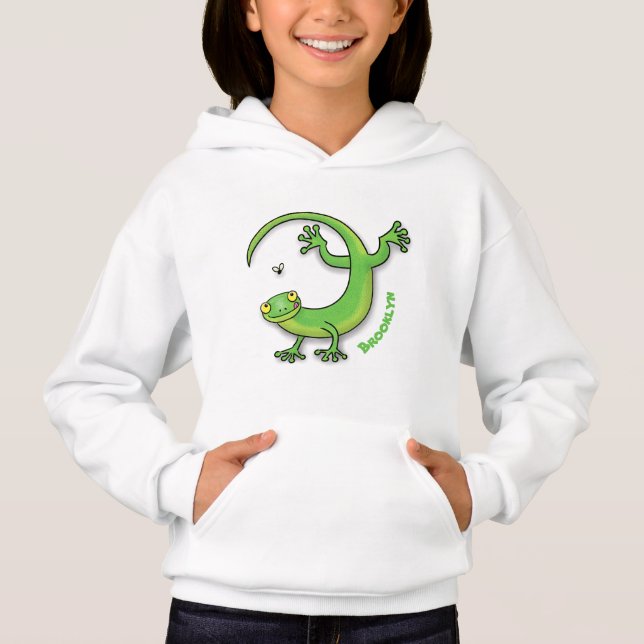 Saludos felices de gecko verde lindo con personali (Anverso)