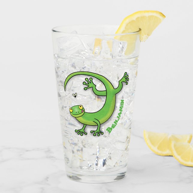 Saludos felices de gecko verde lindo con personali (Reverso (hielo))