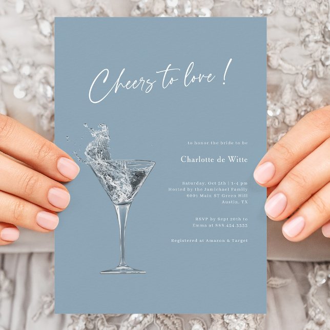 Saludos modernos para amar la invitación a la duch (Elegant Dusty Blue Cheers To Love Bridal Shower Invitation)