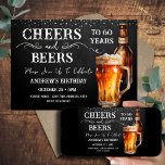 Saludos y cervezas 60 cumpleaños Invitación rústic<br><div class="desc">Saludos y cervezas invitaciones de cumpleaños. Fácil de personalizar. Todo el texto es ajustable y fácil de cambiar para sus propias necesidades fiestas. Cartón y elementos de fondo rústico. El Chalkboard divertido gira y florece. Mug de cerveza acuarela. Invitaciones para él. Diseño de cumpleaños BBQ Bar o patio trasero. Cualquier...</div>