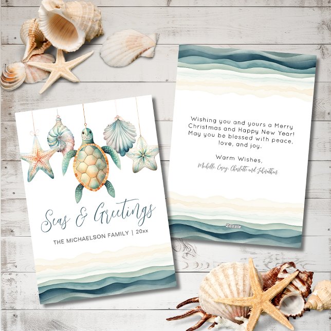 Saludos y Mares Acuarela Navidad Costera (Seas and Greetings Watercolor Christmas Ornament Holiday Card)