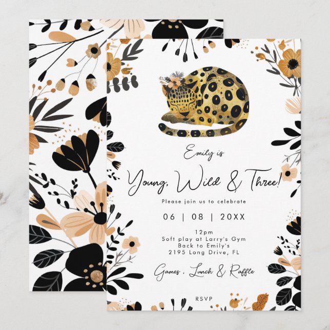 salvaje tres leopardo floral invitación de tercer  (Anverso / Reverso)