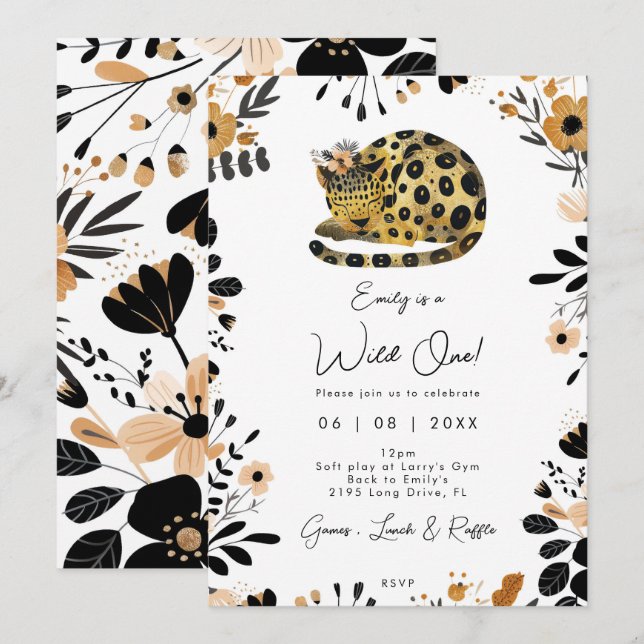 salvaje una leopardo floral 1ª invitación de cumpl (Anverso / Reverso)