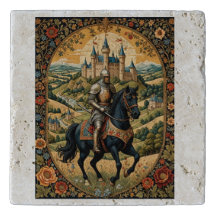 Chevalier en armure chevauchant devant un paysage 