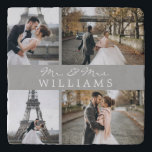 Salvamanteles Monograma moderno de Collage de fotos gris recién<br><div class="desc">Celebra tu reciente matrimonio con este diseño monogramado de 4 fotos.</div>