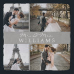 Salvamanteles Monograma moderno de Collage de fotos gris recién<br><div class="desc">Celebra tu reciente matrimonio con este diseño monogramado de 4 fotos.</div>