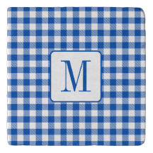 Monograma Rústico de Granja Azul y Gingham Blanco