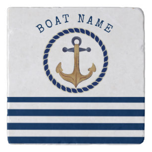 Salvamanteles Nautical Boat Name,Retro Anchor Nave Blue Stried
