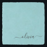 Salvamanteles Nombre de Monograma del Guión Azul Verde azulado M<br><div class="desc">Aqua Blue Verde azulado Simple Script Monograma Nombre Stone Trivet. Esto hace que la graduación perfecta,  el cumpleaños,  el boda,  la ducha de novia,  el aniversario,  la ducha de bebé o la fiesta de soltera sea un regalo para alguien que ama el lujo glam y los estilos de moda.</div>
