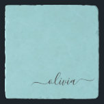 Salvamanteles Nombre de Monograma del Guión Azul Verde azulado M<br><div class="desc">Aqua Blue Verde azulado Simple Script Monograma Nombre Stone Trivet. Esto hace que la graduación perfecta,  el cumpleaños,  el boda,  la ducha de novia,  el aniversario,  la ducha de bebé o la fiesta de soltera sea un regalo para alguien que ama el lujo glam y los estilos de moda.</div>