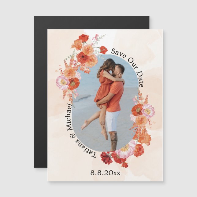 salvar la fecha floral naranja arco foto imán (Anverso/Reverso)