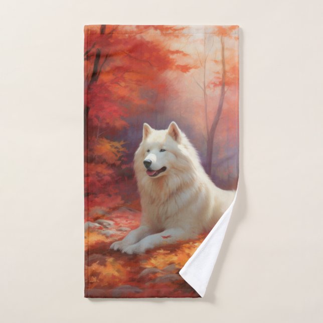 Samoyedo en otoño inspira caída de hojas (Toalla de mano)